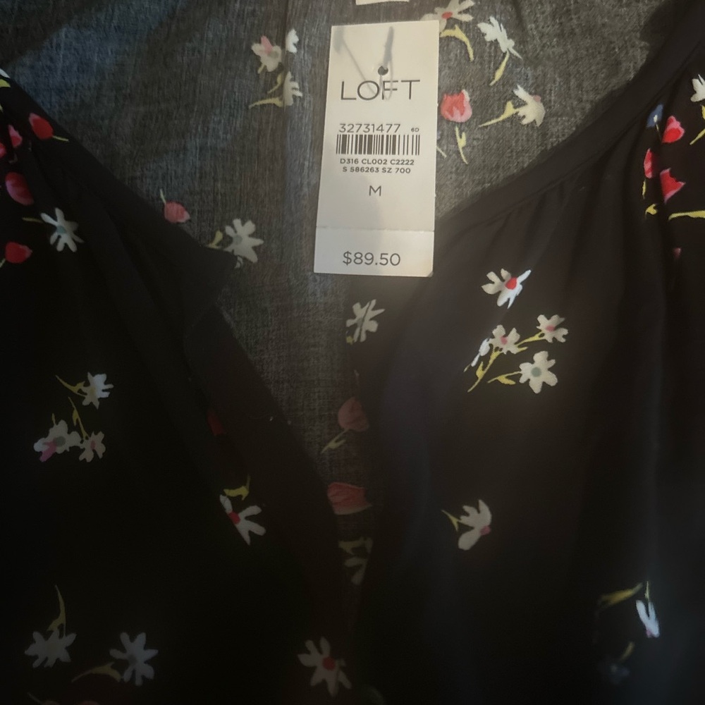 LOFT Black Blouse with Floral Accents